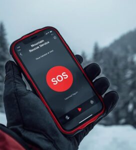 Смартфон с отворено мобилно приложение на ПСС за спешна помощ в планината.