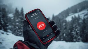 A smartphone with an open mobile application of the Mountain Emergency Response System (MESS).