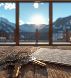 Всекидневна в планински апартамент в Банско с документи за продажба и ключове на масата, на фона на слънчева гледка към Пирин планина.