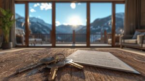 Living room in a mountain apartment in Bansko with sale documents and keys on the table, against a sunny view of the Pirin Mountains.