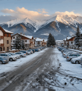 Зимен паркинг в Банско с коли, заснежени къщи и величествената Пирин планина на заден план.