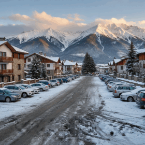 Winter parking lot in Bansko with cars, snow-covered houses and the majestic Pirin Mountain in the background.