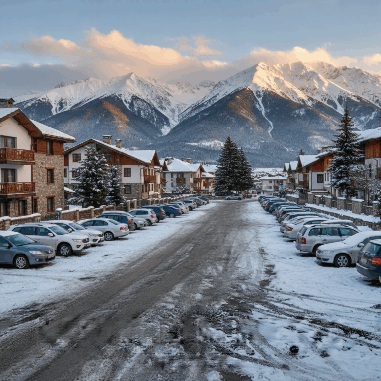 Winter parking lot in Bansko with cars, snow-covered houses and the majestic Pirin Mountain in the background.