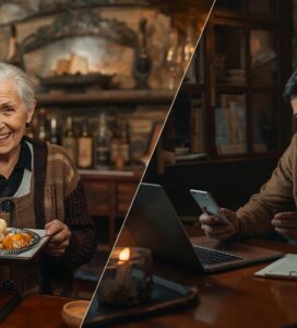 ужденец използва смартфон за превод в традиционна механа в Банско