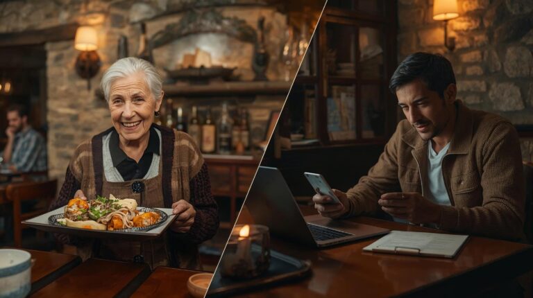A student uses a smartphone to translate in a traditional tavern in Bansko