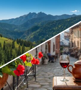 Панорама на Пирин планина и традиционна възрожденска къща в стария град на Банско с местна храна.