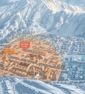 3D инфографика и карта на Банско, визуализираща основните жилищни райони – Център, Стария град и кварталите в периферията, на фона на Пирин планина.