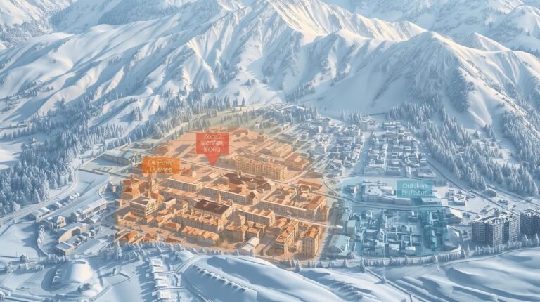 3D infographic and map of Bansko, visualizing the main residential areas - Center, Old Town and neighborhoods on the periphery, against the backdrop of the Pirin Mountain.