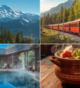 Колаж забележителности Добринище: връх в Пирин, червената теснолинейка, топъл минерален басейн и традиционна храна в гювеч