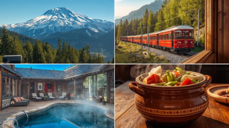 Колаж забележителности Добринище: връх в Пирин, червената теснолинейка, топъл минерален басейн и традиционна храна в гювеч