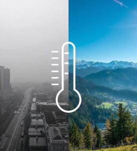 Сравнение на климата: смог и мъгла в големия град срещу слънчево време и чист въздух в Банско и Пирин.