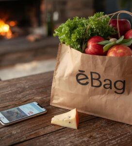 Смартфон с отворено приложение на eBag и пълна хартиена торба с хранителни продукти на маса в Банско.