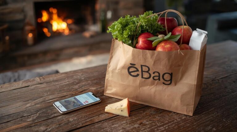 A smartphone with an open eBag app and a full paper bag of groceries on a table in Bansko.