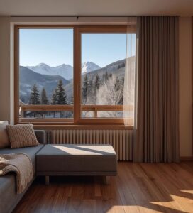 Уютен модерен едностаен апартамент с дървена кухня, сив ъглов диван и големи прозорци с панорамна гледка към заснежени планини и борове.