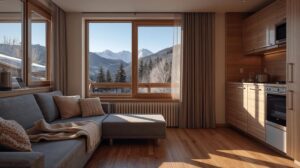 Cozy modern one-room apartment with a wooden kitchen, a gray corner sofa and large windows with panoramic views of snow-capped mountains and pine trees.