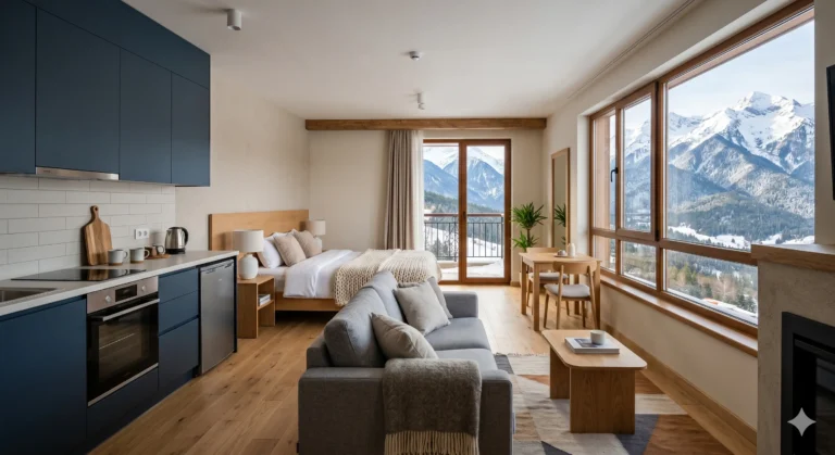 Современный интерьер однокомнатной квартиры в Банско с видом на гору Пирин.