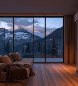 Уютен хол в апартамент в Банско с гледка към Пирин, комбинирано отопление с климатик и камина.