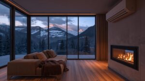 Cozy living room in an apartment in Bansko with a view of Pirin Mountain, combined heating with air conditioning and a fireplace.