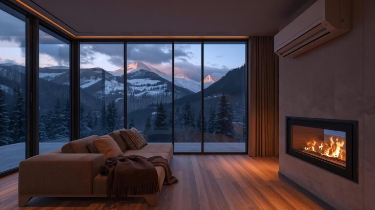 Cozy living room in an apartment in Bansko with a view of Pirin Mountain, combined heating with air conditioning and a fireplace.