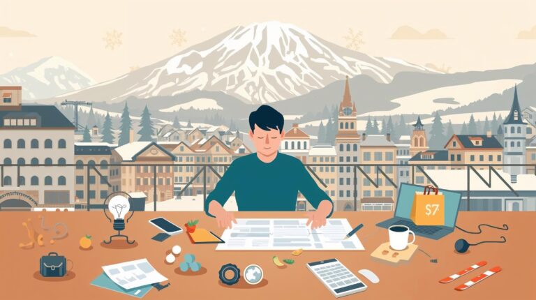 Illustration of a digital nomad in Bansko planning his monthly budget on a desk with icons for rent, electricity, water and internet bills, food, coworking, skiing and SPA, with a view of the mountain town and Pirin Mountain in the background