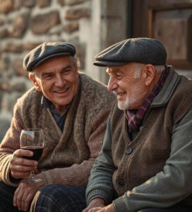 Двама възрастни банскалии разговарят и се смеят пред стара каменна къща в Банско.