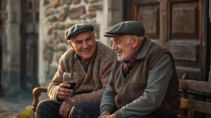 Two elderly people from Bansko talk and laugh in front of an old stone house in Bansko.
