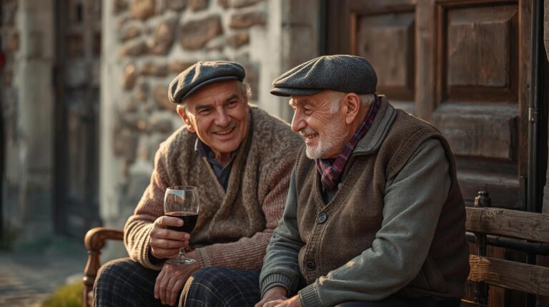 Two elderly people from Bansko talk and laugh in front of an old stone house in Bansko.