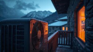Outdoor unit of a hyperinverter air conditioner operating in sub-zero temperatures and snow in Bansko.