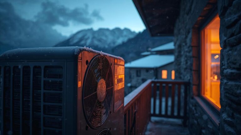 Outdoor unit of a hyperinverter air conditioner operating in sub-zero temperatures and snow in Bansko.