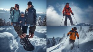 Comparison of ski equipment Columbia The North Face Salomon and Helly Hansen against the background of a winter landscape