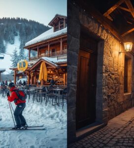 Сравнение между ски зоната на Банско с кабинковия лифт и уютна улица в Стария град с възрожденски къщи.