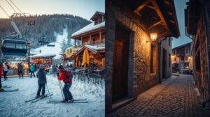 Comparison between the Bansko ski area with the gondola lift and a cozy street in the Old Town with Renaissance houses.