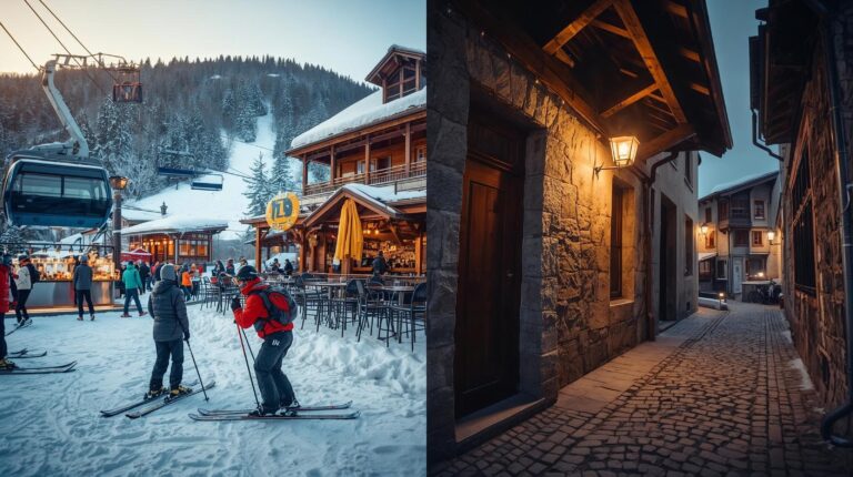 Comparison between the Bansko ski area with the gondola lift and a cozy street in the Old Town with Renaissance houses.
