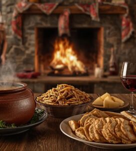 радиционна трапеза за Нова година в Банско с капама, бански старец и червено вино в механа.