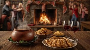 Traditional New Year's Eve meal in Bansko with kapama, Bansko starets and red wine in a tavern.