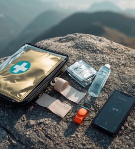 Отворена туристическа аптечка със спасително фолио, лепенки и телефон върху скала в Пирин.