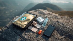 An open tourist first aid kit with lifesaving foil, patches and a phone on a rock in Pirin.