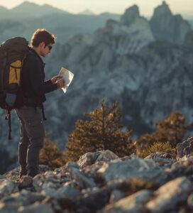 Турист с раница и карта прави преход в Пирин планина над Банско.