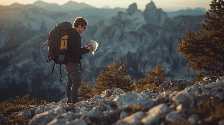 A tourist with a backpack and a map makes a hike in the Pirin Mountains above Bansko.