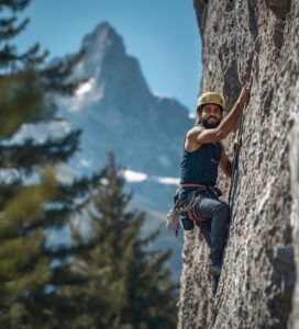 Скален катерач по маршрут в местност Пещерите край Банско с Пирин на заден план