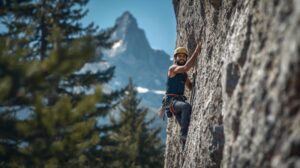 Rock climber on a route in the Caves area near Bansko with Pirin Mountain in the background