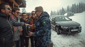 Cheerful Macedonian tourists haggle with a waiter in Bansko