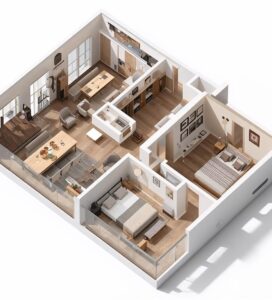 3D изометричен план на тристаен апартамент в Банско, показващ разпределение с две спални, дневна с кухненски бокс и тераса