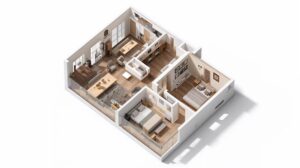 3D isometric plan of a three-bedroom apartment in Bansko, showing a layout with two bedrooms, a living room with kitchenette and a terrace