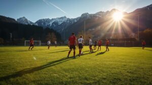 Football match on a field in Bansko with a view of the Pirin Mountains