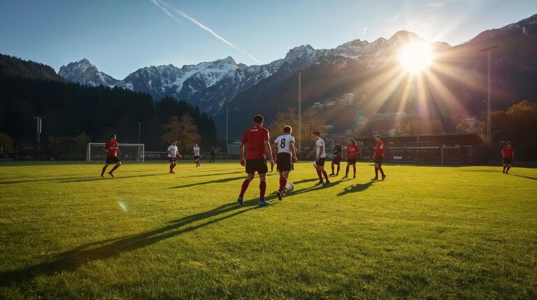Football match on a field in Bansko with a view of the Pirin Mountains