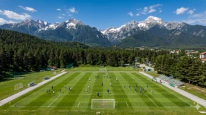 Професионално футболно игрище в Банско в подножието на Пирин планина