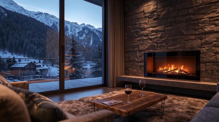 Modern electric fireplace for an apartment in Bansko with a view of Pirin Mountain