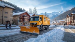 Snow removal in Bansko with equipment on Pirin Street and the mountain in the background