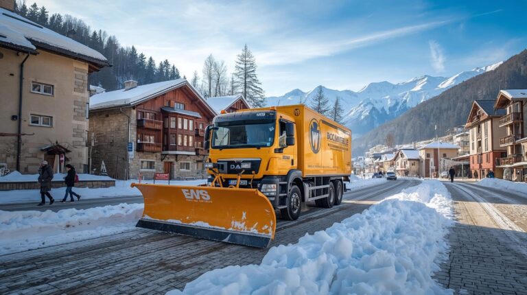 Snow removal in Bansko with equipment on Pirin Street and the mountain in the background